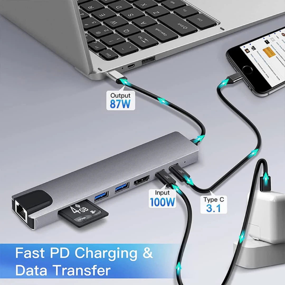 8 in 1 USB C Hub Type C to 4K HDTV Adapter with RJ45 SD/TF Card Reader Fast Charger for Macbook Notebook Windows Laptop Computer