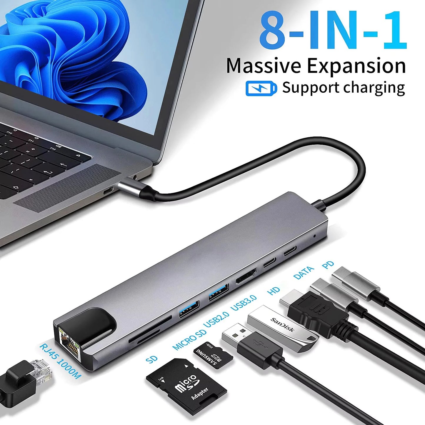 8 in 1 USB C Hub Type C to 4K HDTV Adapter with RJ45 SD/TF Card Reader Fast Charger for Macbook Notebook Windows Laptop Computer