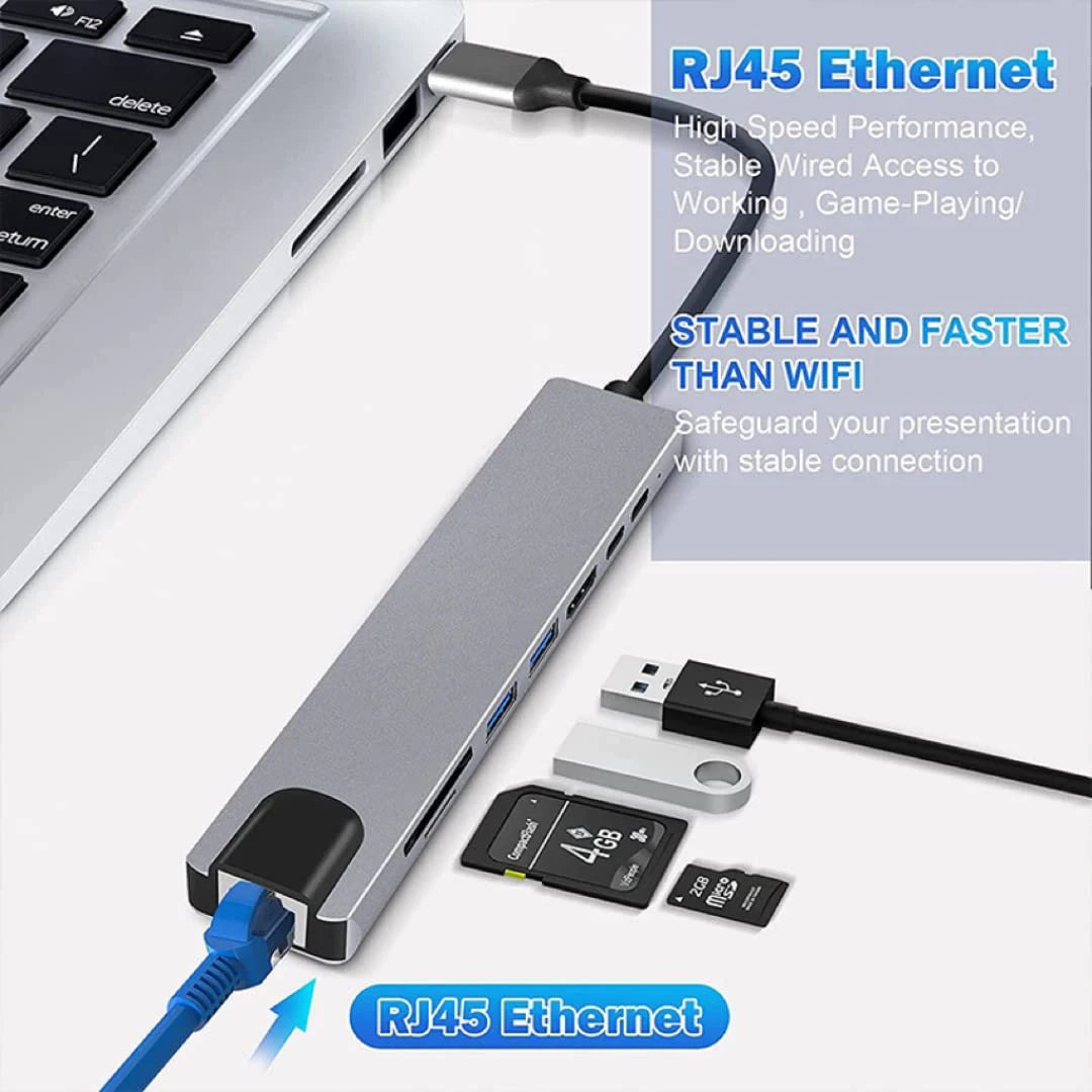 8 in 1 USB C Hub Type C to 4K HDTV Adapter with RJ45 SD/TF Card Reader Fast Charger for Macbook Notebook Windows Laptop Computer