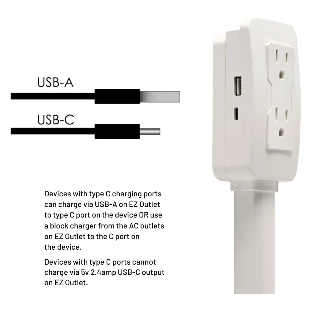 Power Outlet Extender with USB-C – 42/75cm Extension Cord, Fast Charging, US Plug for Sofa, Bedside, or Desk
