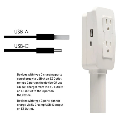 Power Outlet Extender with USB-C – 42/75cm Extension Cord, Fast Charging, US Plug for Sofa, Bedside, or Desk