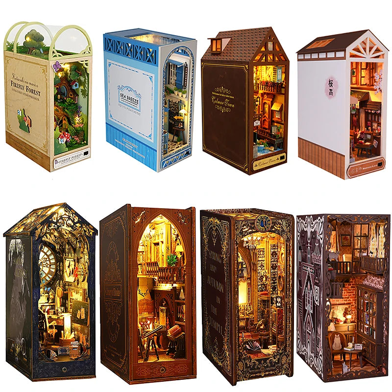 3D Wooden Book Nook DIY Kit – Miniature Dollhouse with LED, Perfect Gift for Adults