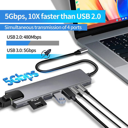 8 in 1 USB C Hub Type C to 4K HDTV Adapter with RJ45 SD/TF Card Reader Fast Charger for Macbook Notebook Windows Laptop Computer