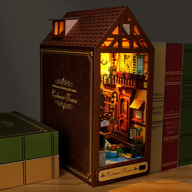 3D Wooden Book Nook DIY Kit – Miniature Dollhouse with LED, Perfect Gift for Adults